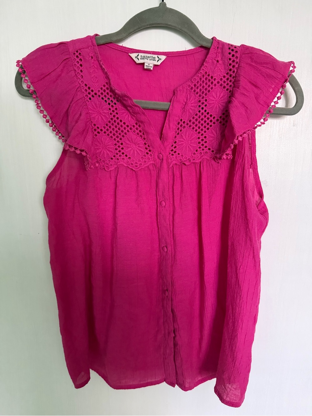 Nanette Lepore Fuchsia Button-Front Eyelet Trim Sleeveless Blouse